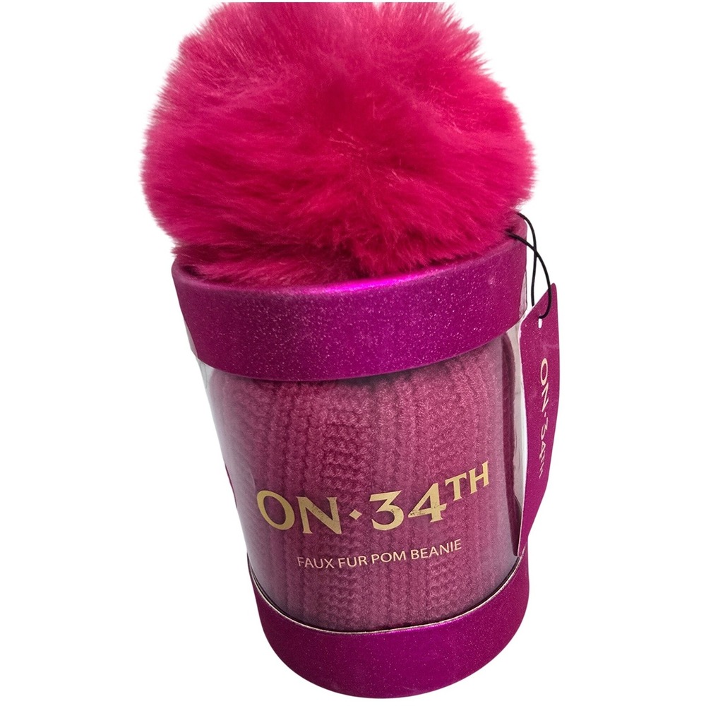 On 34th Womens Faux Fur Pom Beanie Magenta Pink Ribbed Knit NWT Gift Box
